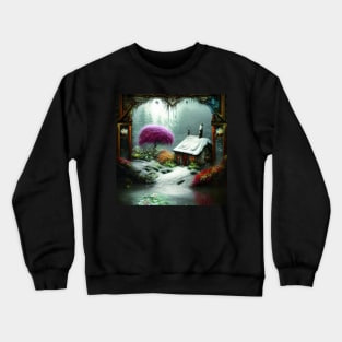 Sparkling Fantasy Cottage with Lights and Glitter Background in Snowy Scene, Scenery Nature Crewneck Sweatshirt